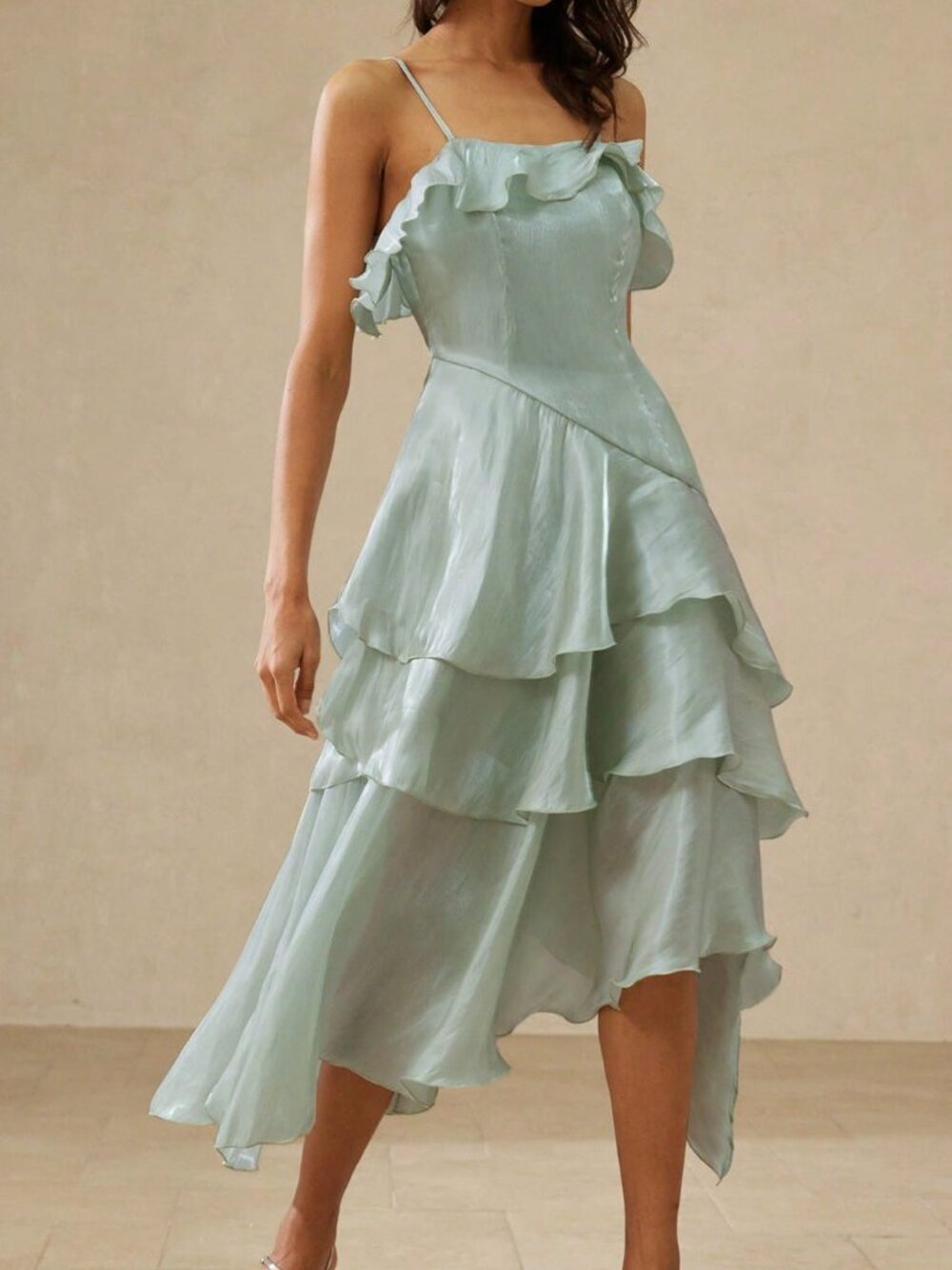 Cadet Blue Romantic Women's Asymmetrical Ruffle Trim Camisole Dress - Picture 5 of 7